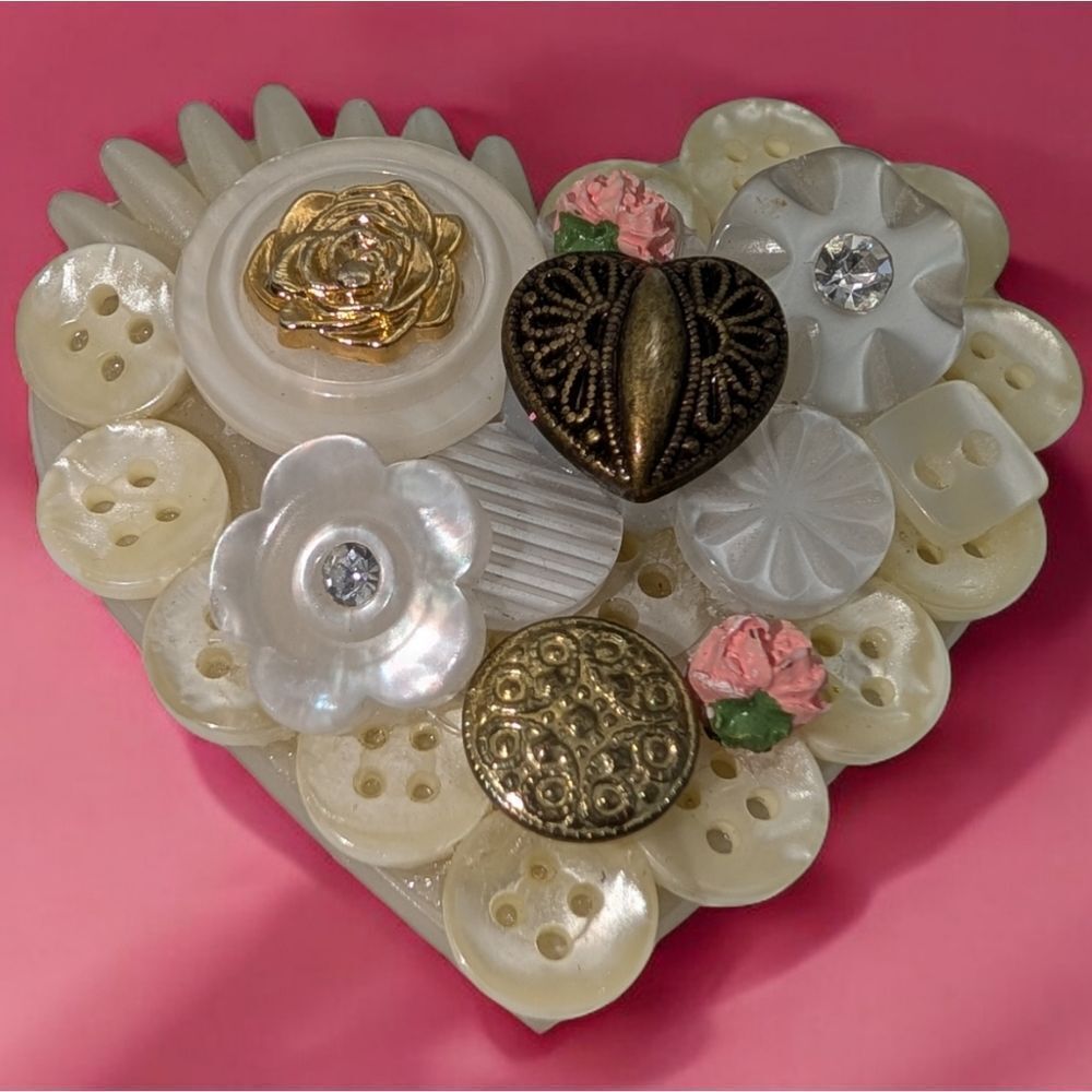 Hallmark vintage white gold flower button heart shaped brooch pin cottage core